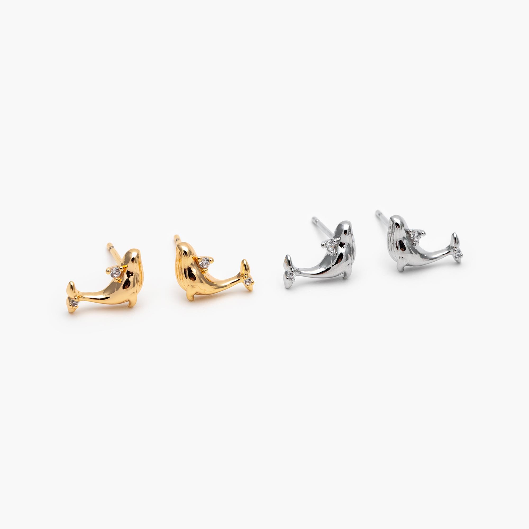 10pcs CZ Pave Gold/ Silver Tone Whale Earrings, 18K Real Gold/ Rhodium plated Brass, Cute Ocean Stud Earrings (GB-4460-G)